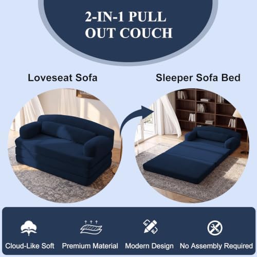 57” Convertible Sleeper Sofa Bed, Boneless Couch, Blue