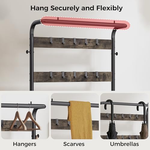 Hall Tree with Bench and Shoe Storage, 4-in-1 Entryway Organizer with 10 Hooks and Storage Shelf,Coat Rack Freestanding with 2-Tier Storage Shelf for Living Room, Bedroom Gray