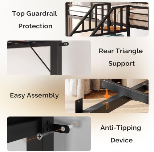 Bonnlo Metal Triple Bunk Bed with Stairs, Twin Over Twin Over Twin Bunk Beds for Kids,Teens and Adults, 3 People Bed, No Box Spring Needed,Black