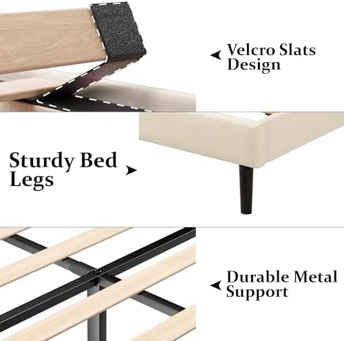 Gruwans Queen Size Bed Frame with Upholstered Wingback Headboard, Easy Assemnly Platform Bed, Wooden Slat Support No Box Spring Needed, Cream