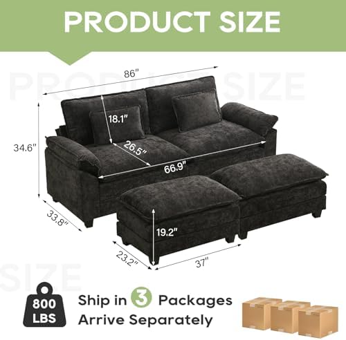 Oprisen 86" Modular Sectional Sofa, Comfy Deep Cloud Couch with Ottoman