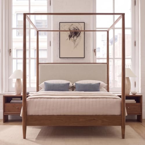 King Size Wood Canopy Bed Frame, Walnut Vintage Four-Posters Platform Bed