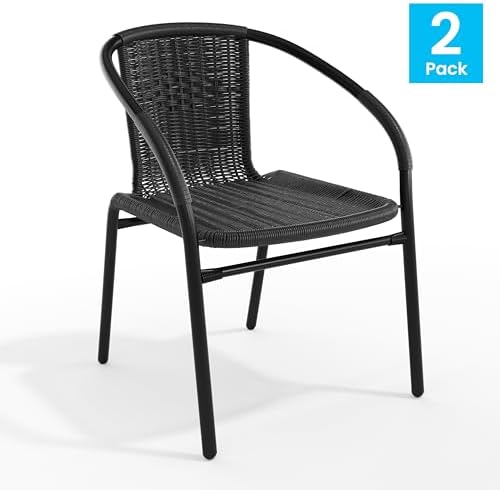 Flash Furniture Modern Rattan Indoor/Outdoor Restaurant Dining Chairs, Stackable Rattan Bistro Chairs for Patio or Restaurant, Set of 2, Black