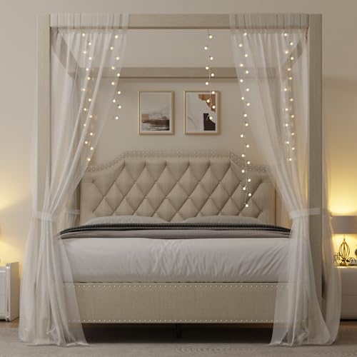 GarveeHome Upholstered Canopy Bed Full Size with Button Tufted Headboard