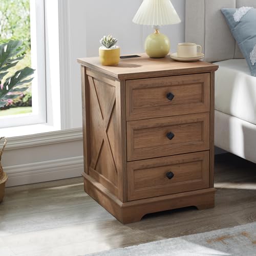 Farmhouse 3 Drawers Dresser, Natural Oak Dresser with Charging Station