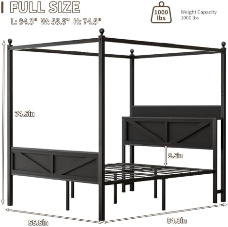 Canopy Bed Frame Full Size with Storage Headboard, Black