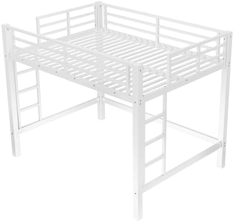 Bellemave Full Size Metal Loft Bed Frame with 2 Ladders, High Guardrail & Sturdy Iron Construction, Space-Saving Adult Loft Bed for Dorms, Safe for Kids, Teens, No Box Spring Needed, White