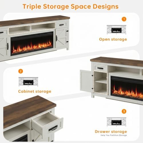 Fireplace TV Stand with Barn Door, 95 inch, Modern White