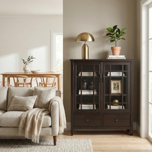 SIMPLIHOME Connaught 46" Solid Wood Tall Cabinet in Dark Chestnut Brown