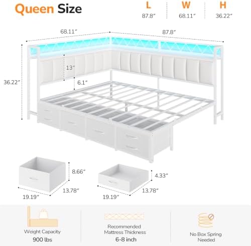 Corner Queen Bed Frame with 6 Storage Drawers, Open Shelves,Charging Ports