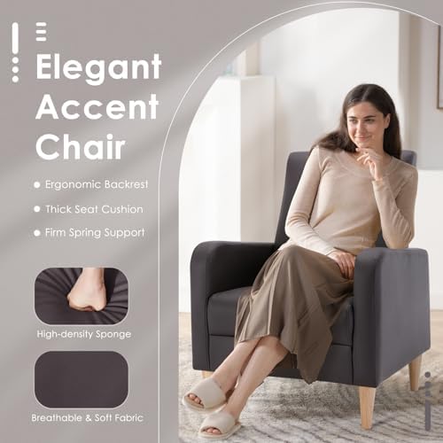 COLAMY Mid-Century Modern Accent Chair, Faux Leather Upholstered Living Room Chair with Back Pillow & Solid Wood Legs, Comfy Armchair for Living Room, Bedroom, Single Sofa, Dark Brown
