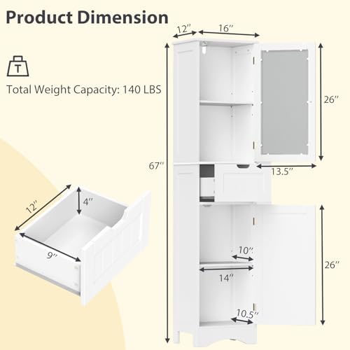 COSTWAY 67” Tall Bathroom Storage Cabinet, Freestanding Floor Cabinet with 2 Doors & 1 Drawer, 3-Level Adjustable Shelves, Narrow Slim Linen Tower for Bathroom, Living Room, Kitchen (White) | with 2 Doors & 1 Drawer, 3-Level Adjustable Shelves, Narrow ...