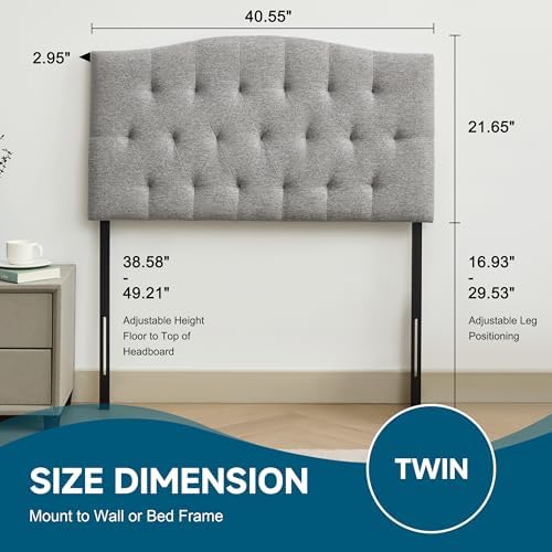 Tufted Upholstered Twin Headboard Only, Adjustable Heige 38-50 in, Gray