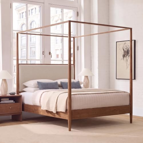 King Size Wood Canopy Bed Frame, Walnut Vintage Four-Posters Platform Bed