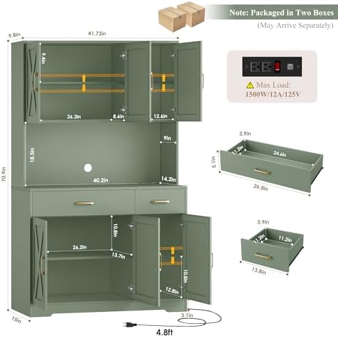 HOSTACK 71"H Kitchen Pantry Storage Cabinet, Farmhouse Hutch Cabinet, Green