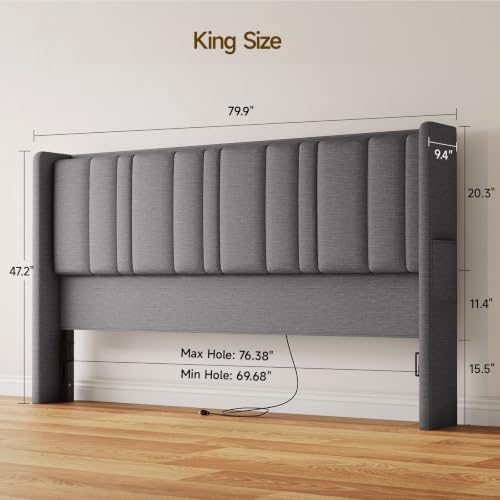 ONBRILL King Size Headboard with Storage, LED Light, Grey