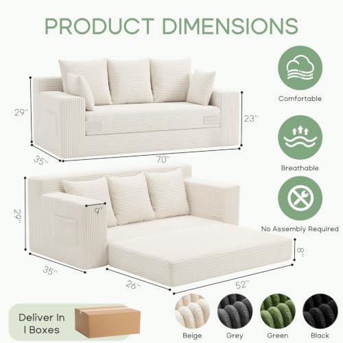 Boneless Couch for Living Room, 3 Seater Convertible Sofa Bed in A Box, Folding Pull Out Couch with Comfy Corduroy, Loveseat Sleeper Floor Sofa with 5 Pillows, No Assembly Required, Beige