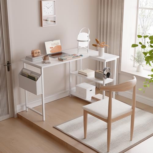 Pamray 40 Inch L Shaped Computer Desk with Reversible Side Storage Shelves, Small Corner Desk for Small Space Home Office, Writing Study Table PC Desk for Bedroom, White