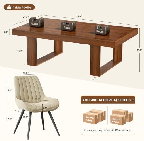 Miereirl 7-Piece Modern Farmhouse Dining Table Set, 86.6" x 47.2" Sturdy Stable Dining Table with 6 Chairs, Rectangular Kitchen Table Set for 6,(Walnut Table+6 Beige Chairs)