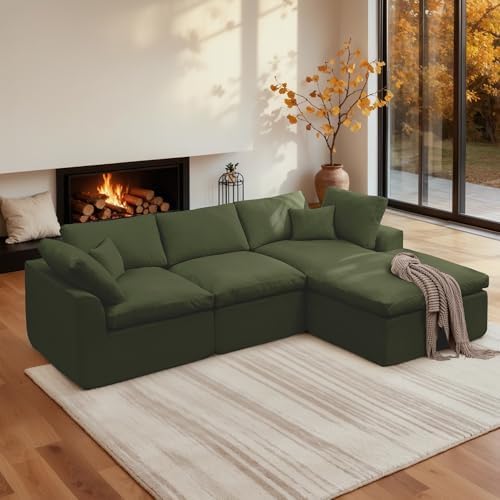 Korser 110" Cloud Boneless Couches for Living Room, Modern Modular Sectional Sofa with Ottoman, Sectional Cloud Couch with Comfy Deep Seats, Fluffy Chenille L-Shape Sofa Couch for Living Room, Green