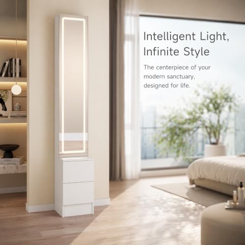 LED Full Length Mirror Jewelry Cabinet with Storage, 3 Color Adjustable Lighting Dressing Mirror Armoire, Large Standing Vanity Mirror Organizer Cabinet for Makeup & Jewelry Storage (White)