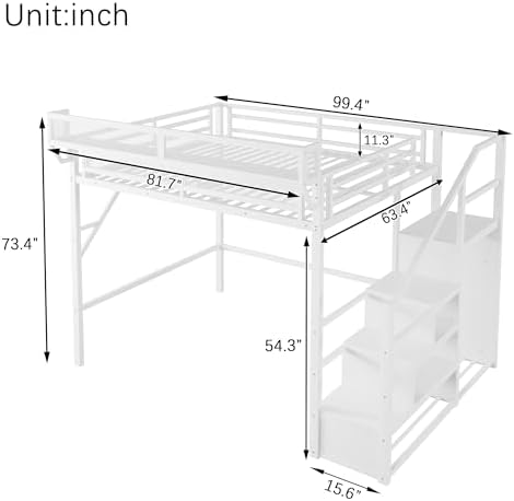 KEIKI Queen Size Metal Loft Bed Frame with Convertible Staircase, Built-in Storage Shelves and Wardrobe, Loft Bed with Solid Slats, Guardrail, No Box Spring Required, Easy Assembly, for Bedroom, White