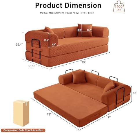 79" Convertible Sofa Bed, Boneless Sleeper Futon Couch for Living Room