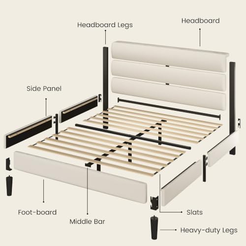 Fluest Full Bed Frame, Platform Bed Frame with Velvet Upholstered Headboard, No Box Spring Needed, Sturdy Metal Support, Noise Free, Easy Assembly, Modern Bedroom Furniture, Beige