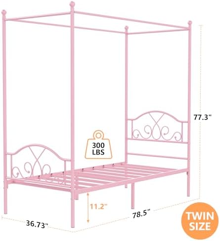 Twin Princess Canopy Bed Frame with 4 Posters, Twin Size Bed for Kids Girls