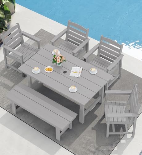 SERWALL Outdoor Dining Set, Patio Dining Set with Bench, Light Gray
