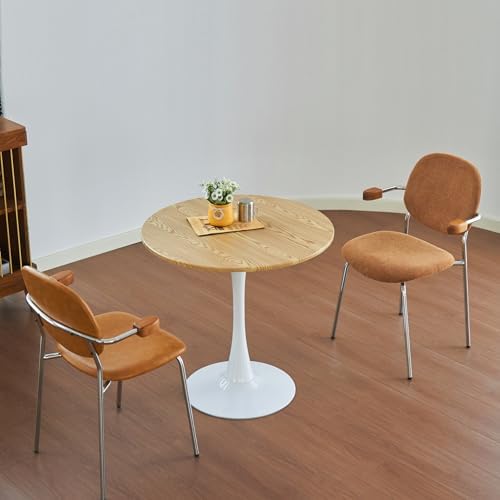 Round Dining Table, 24" Circle Tulip Table with Thickened Tabletop & Metal Pedestal, Mid Century Modern Bistro Table for Kitchen, Small Places, Living Room, Cafe (Faux Oak)