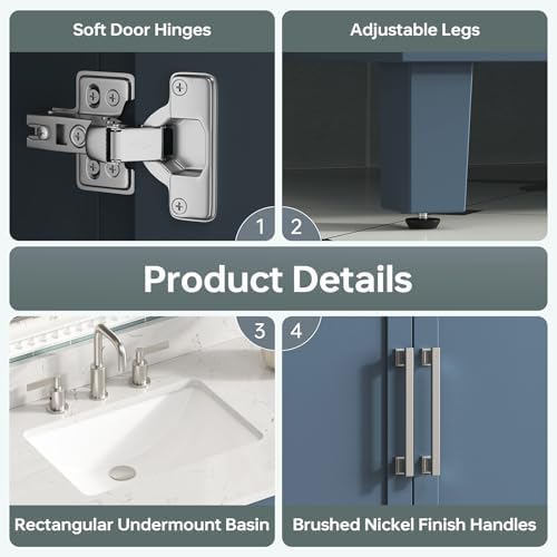 48 Inch Fully Assembled Bathroom Vanity with Sink, Modern Solid Wood Vanity with Soft Closing Doors & Dovetail Drawers, 48 Inch Vanity with Sink, Engineered Stone Top, Steel Blue