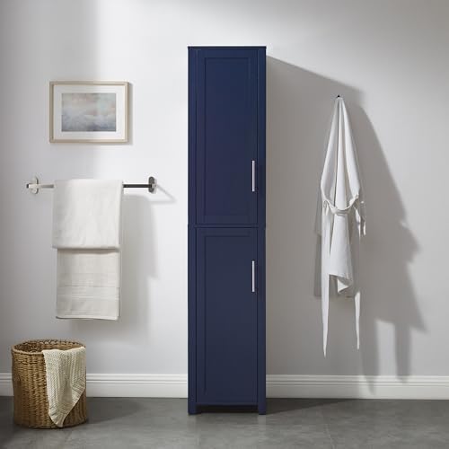 Crosley Furniture Savannah Linen Storage Cabinet, Laundry Room, Bathroom Organizer with Shelves, Navy