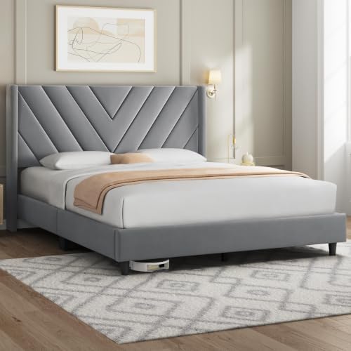 Yaheetech Queen Bed Frame with Chevron Channel-Tufted Headboard, Light Grey