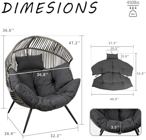 Shintenchi Wicker Egg Chair Outdoor Rattan Patio Chair with Cushion, Oversized Patio Lounge Chairs Egg Basket Chair, Egg Seat for Indoor Living Room Bedroom Outside, Deep Grey
