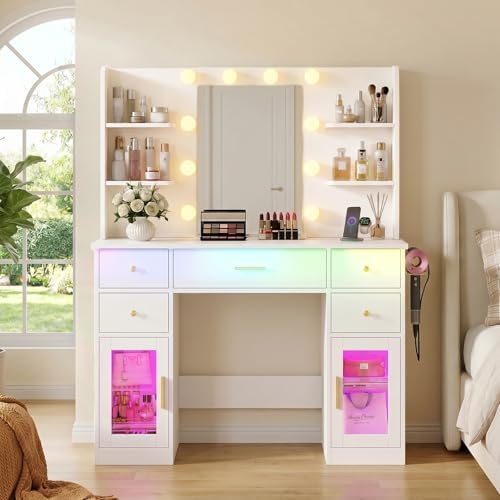 White Vanity Desk with Mirror and Lights & Charging Station, RGB Cabinets | Makeup Vanity with 5 Drawers & 4 Open Storage Shelves, Large Dressing Table with Hairdryer Holder for Women