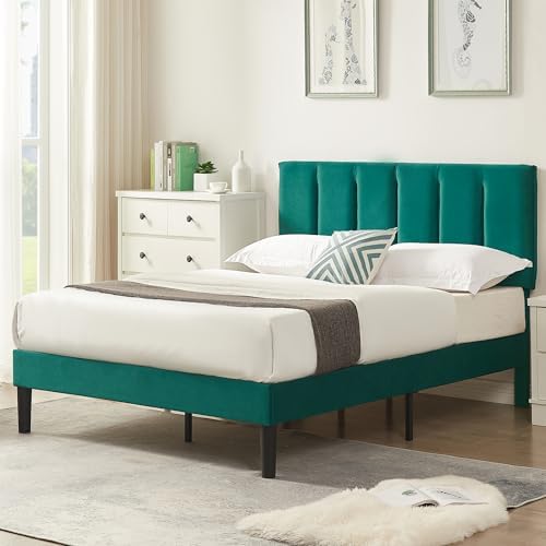 VECELO Full Size Bed Frame with Upholstered Headboard, Dark Green
