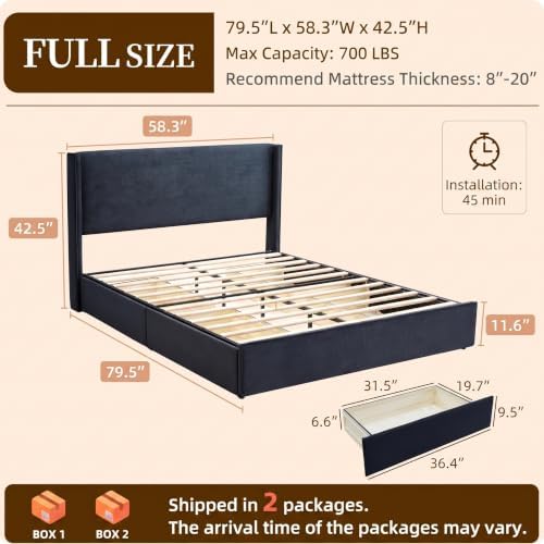Full Bed Frame with Storage Drawers, Corduroy Bed with Headboard, Black
