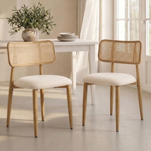 UVV Dining Chairs Set of 2, Metal Kitchen Chairs with Modern Fabric Upholstered for Dining Room, Beige Rattan