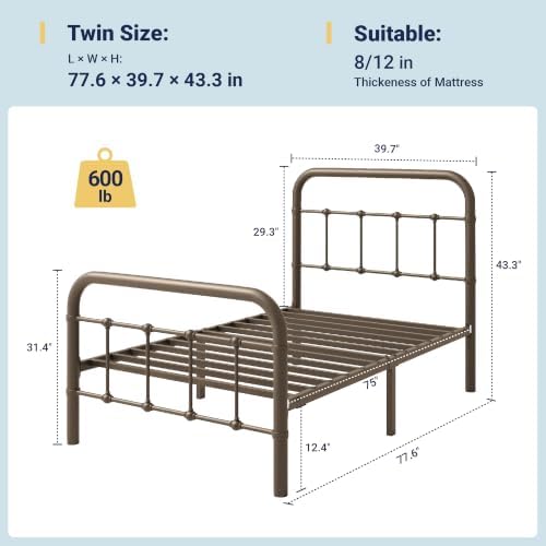 Allewie Twin Metal Bed Frame with Victorian Headboard, Antique Bronze