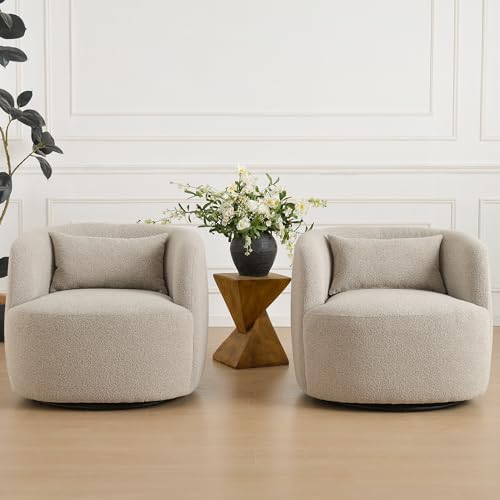 KINWELL 34" W Sherpa Swivel Barrel Chairs with Pillow Set of 2, Taupe Grey