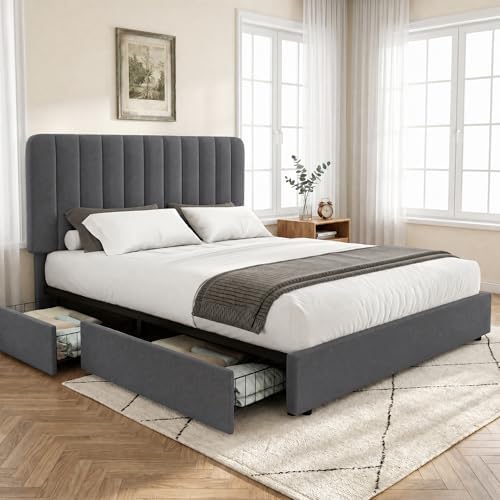 VECELO Queen Size Upholstered Bed Frame with 4 Drawers and Headboard, Velvet Platform Storage Bedframe, Wooden Slats Support, No Box Spring Needed,Dark Grey