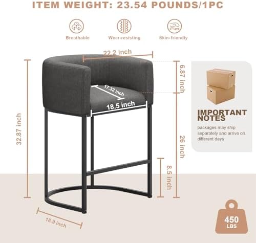 26" H Counter Height Bar Stools Set of 4, Modern Barrel Counter Stools with Backrest and Arms, Linen Fabric Upholstered Accent Barstools for Kitchen Island,Support 450 LBS (Carbon Black)