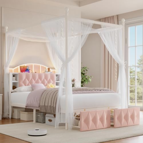 Queen Size Upholstered LED Canopy Bed Frame with 2 Drawers and & Charging Station, Button Tufted Storage Headboard, Metal Platform Bed with 4 Removable Posts, No Box Spring Needed, Pink