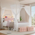Queen Size Upholstered LED Canopy Bed Frame with 2 Drawers and & Charging Station, Button Tufted Storage Headboard, Metal Platform Bed with 4 Removable Posts, No Box Spring Needed, Pink