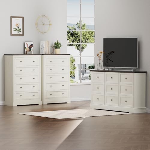 KIGOTY Farmhouse Bedroom Set, 3 Piece Bedroom Furniture Set, 9/5 Drawer Dressers,Rustic Closet Clothes Organizer, Drawer Dresser Set for Home