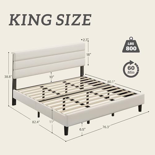 Fluest King Size Bed Frame, Platform Bed Frame with Velvet Upholstered Headboard, No Box Spring Needed, Sturdy Metal Support, Noise Free, Easy Assembly, Beige