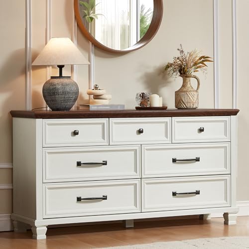 SAVOR LIFE Farmhouse 7 Drawer Dresser for Bedroom, White
