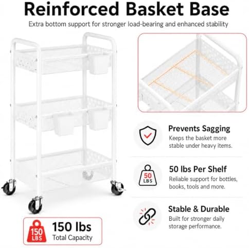 3 Tier Rolling Storage Cart Organizer, Metal Rolling Utility Carts on Wheels, White Art Cart with Hanging Cups and Hooks, Three Tiered Roller Trolley for Cleaning Supplies, Diaper Caddy, Craft, Nail