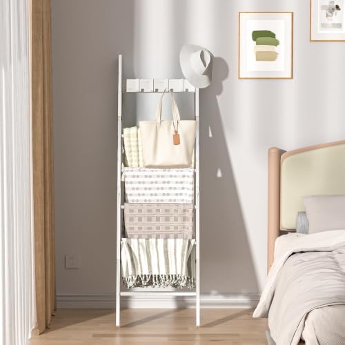 Blanket Ladders for the Living Room with 4 Hooks, 6-Tier Blanket Holder